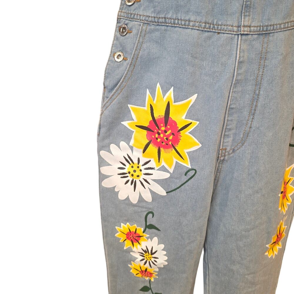 NWOT Misslook Painted‎ Flower boho denim bibs overalls sz L - Picture 5 of 6